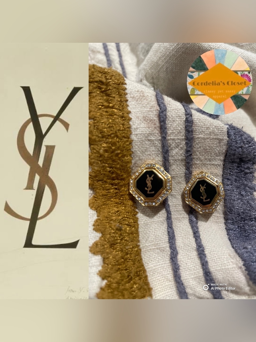 YSL Yves Saint Laurent Vintage Black & Gold Clip On Pendant Earrings w/ Crystals
